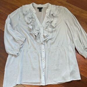 Lane Bryant Sheer 1/4 Sleeve Ruffle Front Blouse Silver 22/24
